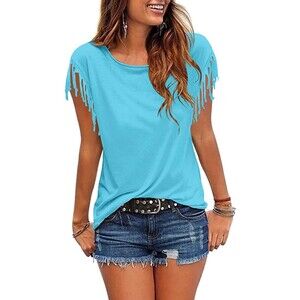 Tassel Short Sleeve Round Neck Top T-Shirt Sz S